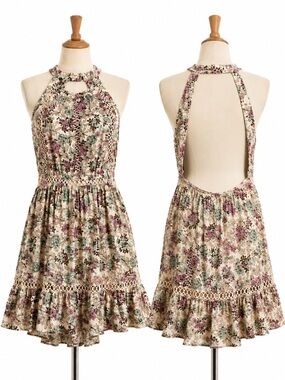 Sunday Mi Amor Floral Halter Tiered Mini Dress Open Back Coquette Indie Boho